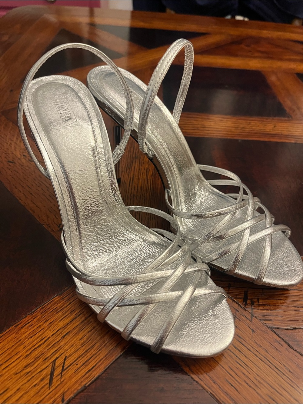 Zara Metallic Silver Strappy Slingback Heels